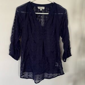 Olive & Oak, Navy, 100% Polyester, Embroidered 3/4 Sleeve, Women’s Blouse, XS.
